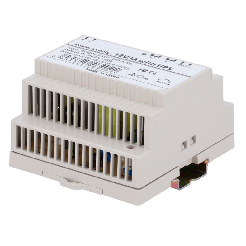 Strmforsyning til DIN skinne montage. 12V 3A, mulighed for batterimontage (USP)