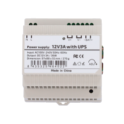 Strmforsyning til DIN skinne montage. 12V 3A, mulighed for batterimontage (USP)