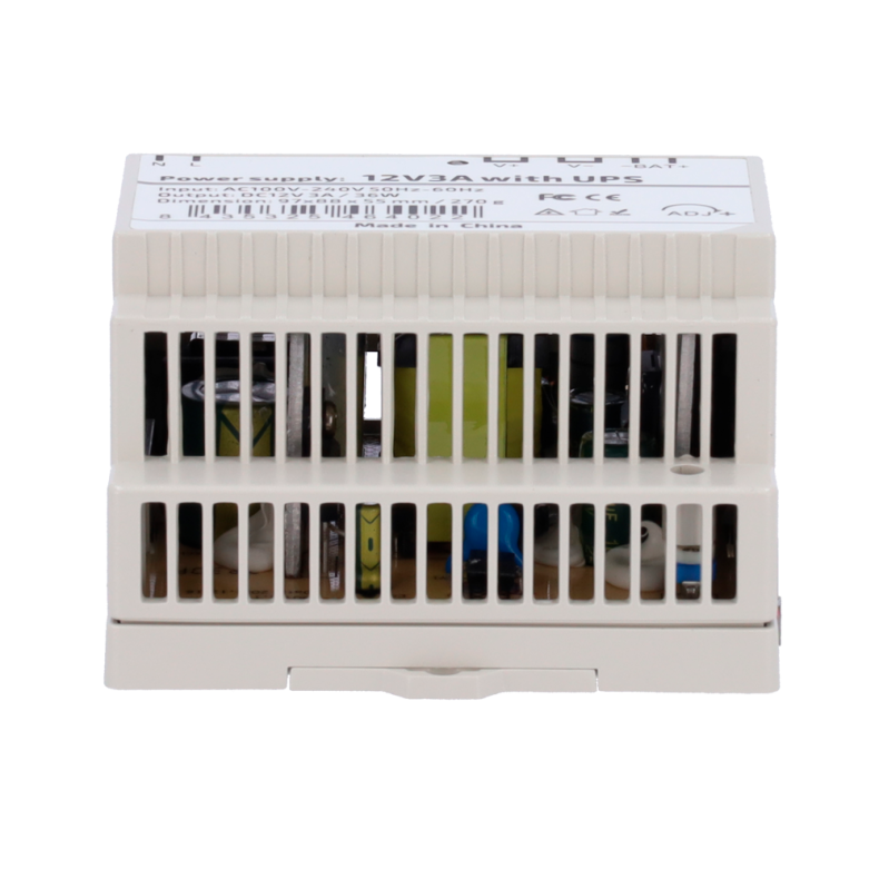 Strmforsyning til DIN skinne montage. 12V 3A, mulighed for batterimontage (USP)