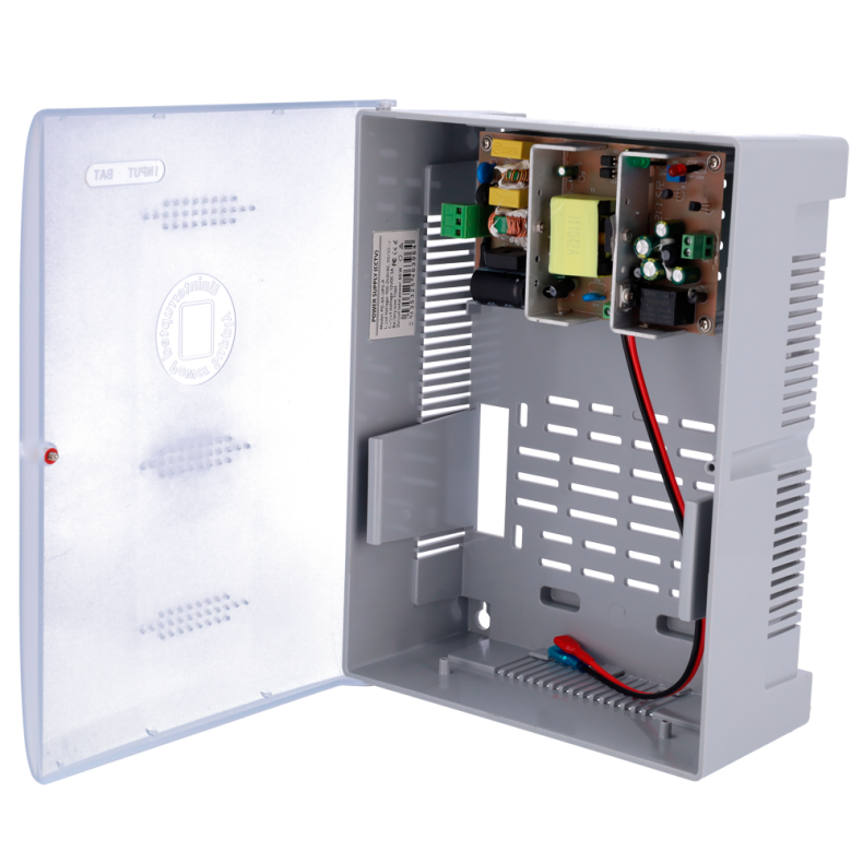 12V 5A Strmforsyning i plastkabinet med mulighed for tilslutning af backupbatteri (op til 17Ah)