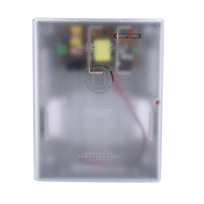 12V 5A Strmforsyning i plastkabinet med mulighed for tilslutning af backupbatteri (op til 17Ah)