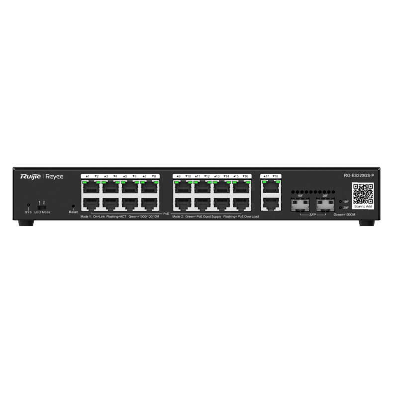  Reyee PoE 16 x PoE + 2 x SFP + 2 x RJ45 UPLINK Switch, PoE, 250W, 10/100/1000, med cloud